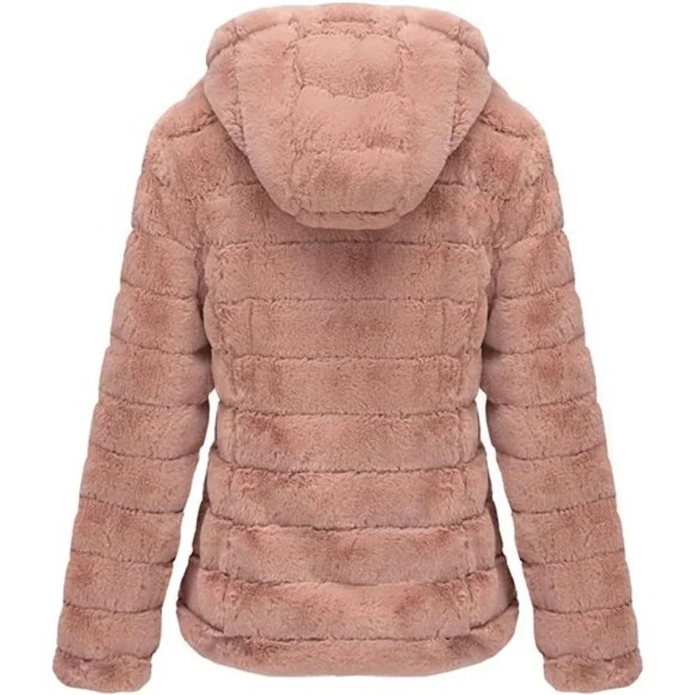 Women’s Faux Fur Shearling Fuzzy Hooded Sherpa-Lined Jacket - Picture 2 of 6